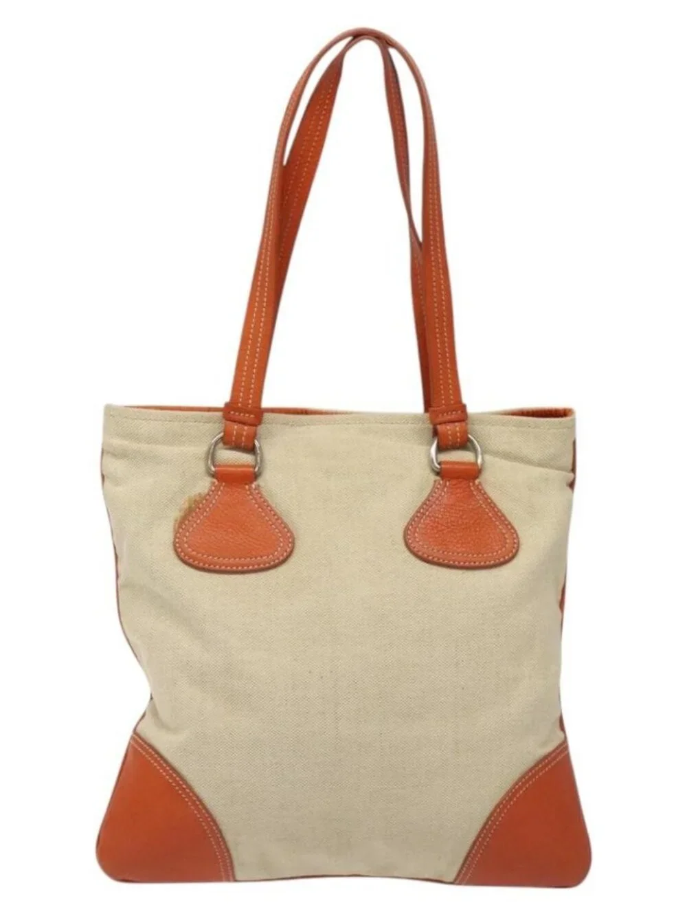PRADA Hand Bag Canvas Beige Silver Auth EC559